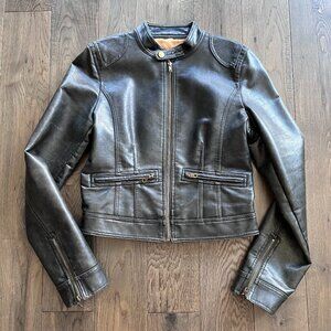 Refuge Faux Leather Moto Biker Jacket Brown Zip Front Classic Street Style
